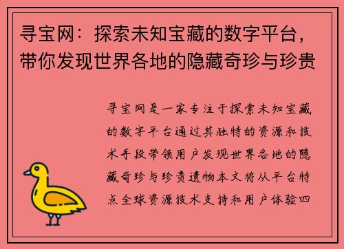 寻宝网：探索未知宝藏的数字平台，带你发现世界各地的隐藏奇珍与珍贵遗物